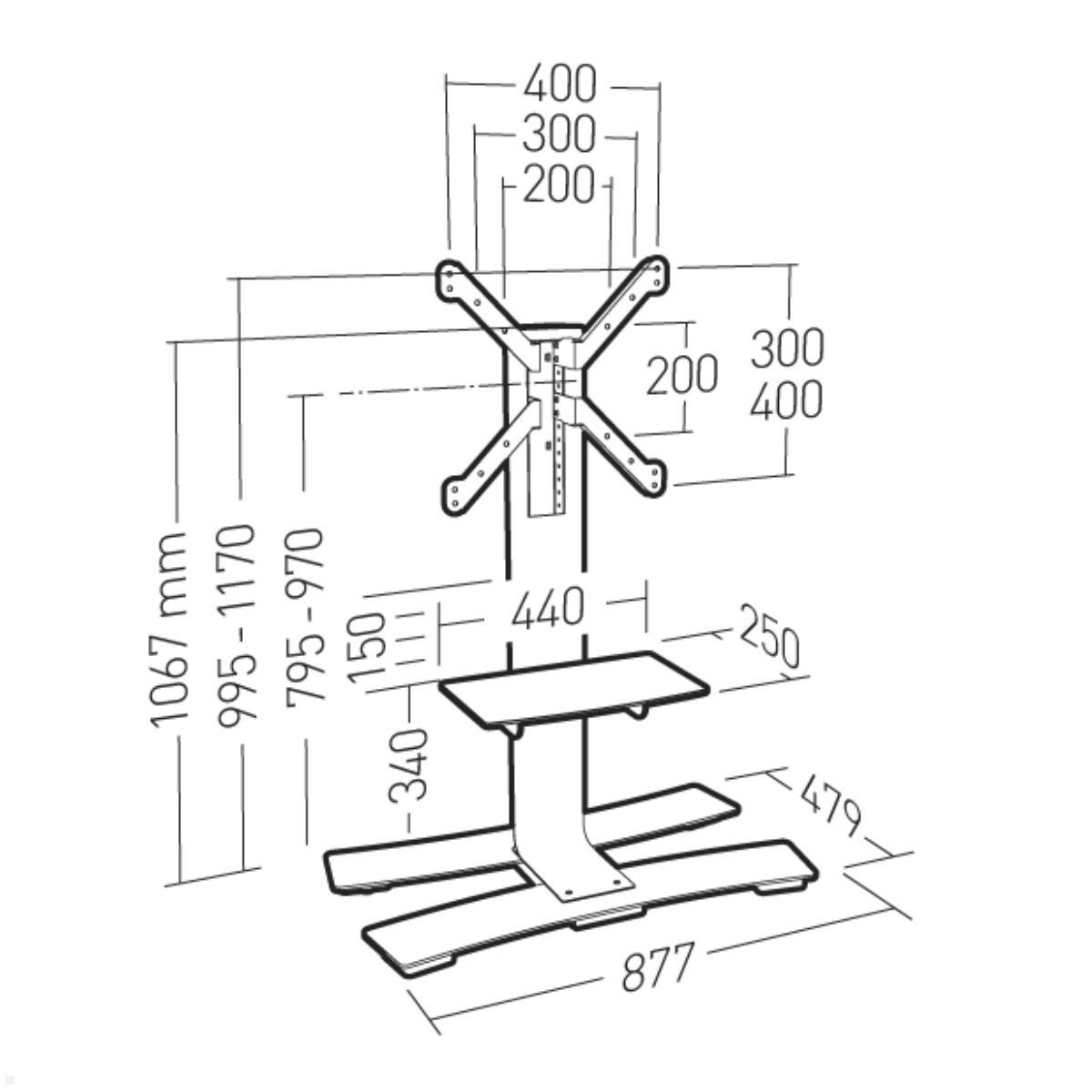 Erard WILL 1050 L mobiler TV Standfuß mit Ablage 30-65 Zoll, weiß, Technische Zeichnung Erard WILL 1050 L mobiler TV Standfuß mit Ablage 30-65 Zoll, weiß, Technische Zeichnung