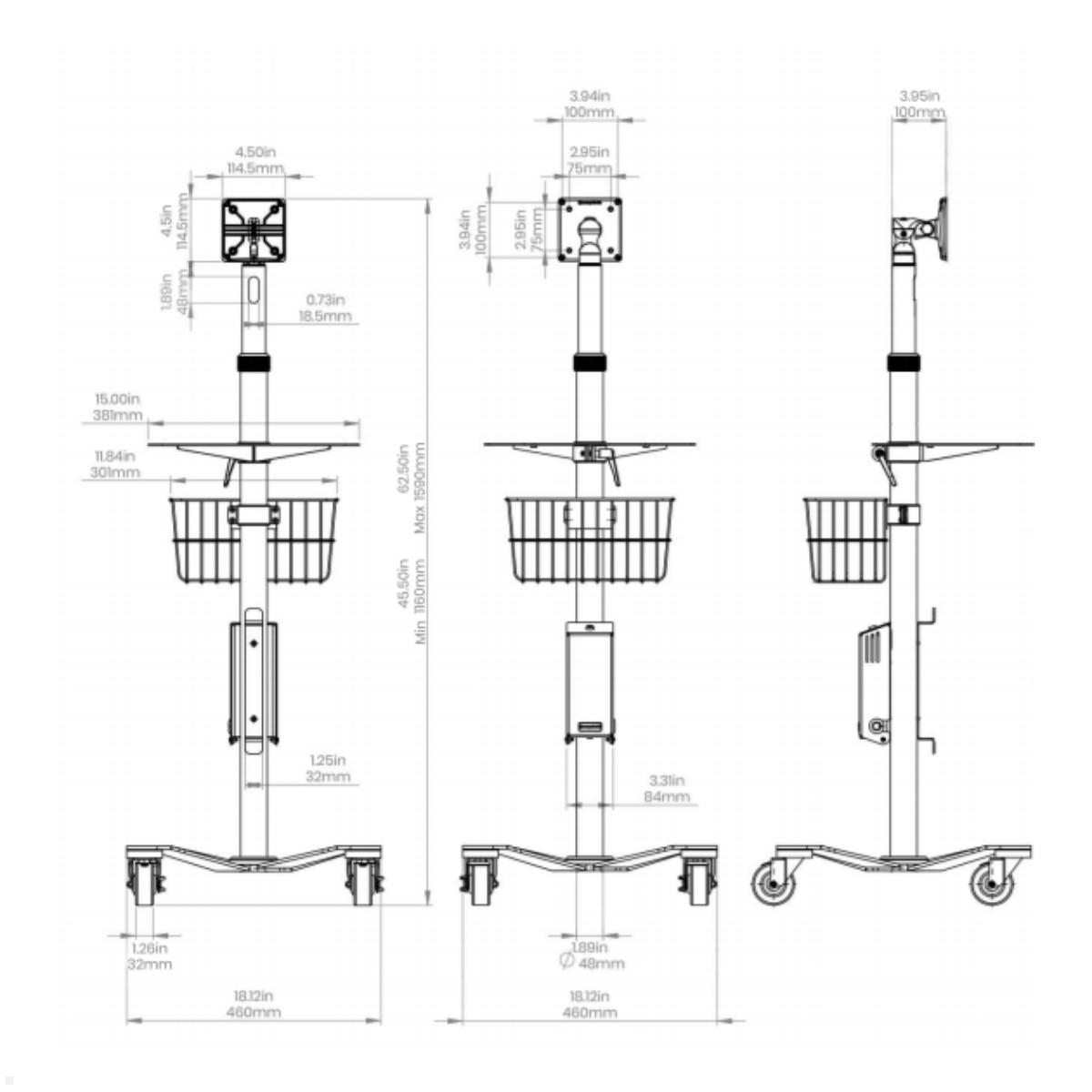 Schwenkarm Monitorwagen Compulocks MCRSTDEXW, weiß Technische Zeichnung Schwenkarm Monitorwagen Compulocks MCRSTDEXW, weiß Technische Zeichnung