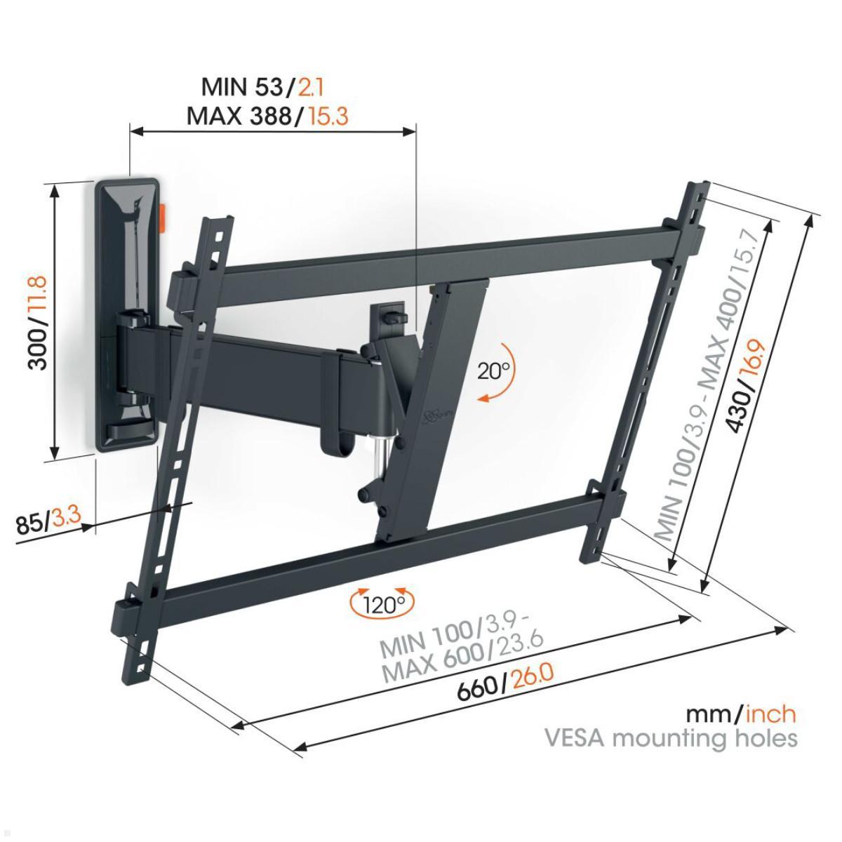 Vogels COMFORT TVM 3625 schwenkbare TV Wandhalterung 40-77 Zoll, schwarz, technische Zeichnung Vogels COMFORT TVM 3625 schwenkbare TV Wandhalterung 40-77 Zoll, schwarz, technische Zeichnung