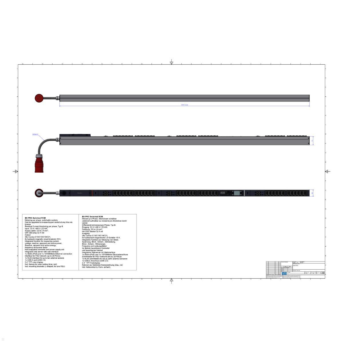 Bachmann BN PRO S Switched RCM - 32A Rack PDU mit 36xCombo 6xMCB, 3,0m CEE 32A/5p (BM0024787), Combo MCB Rack PDU