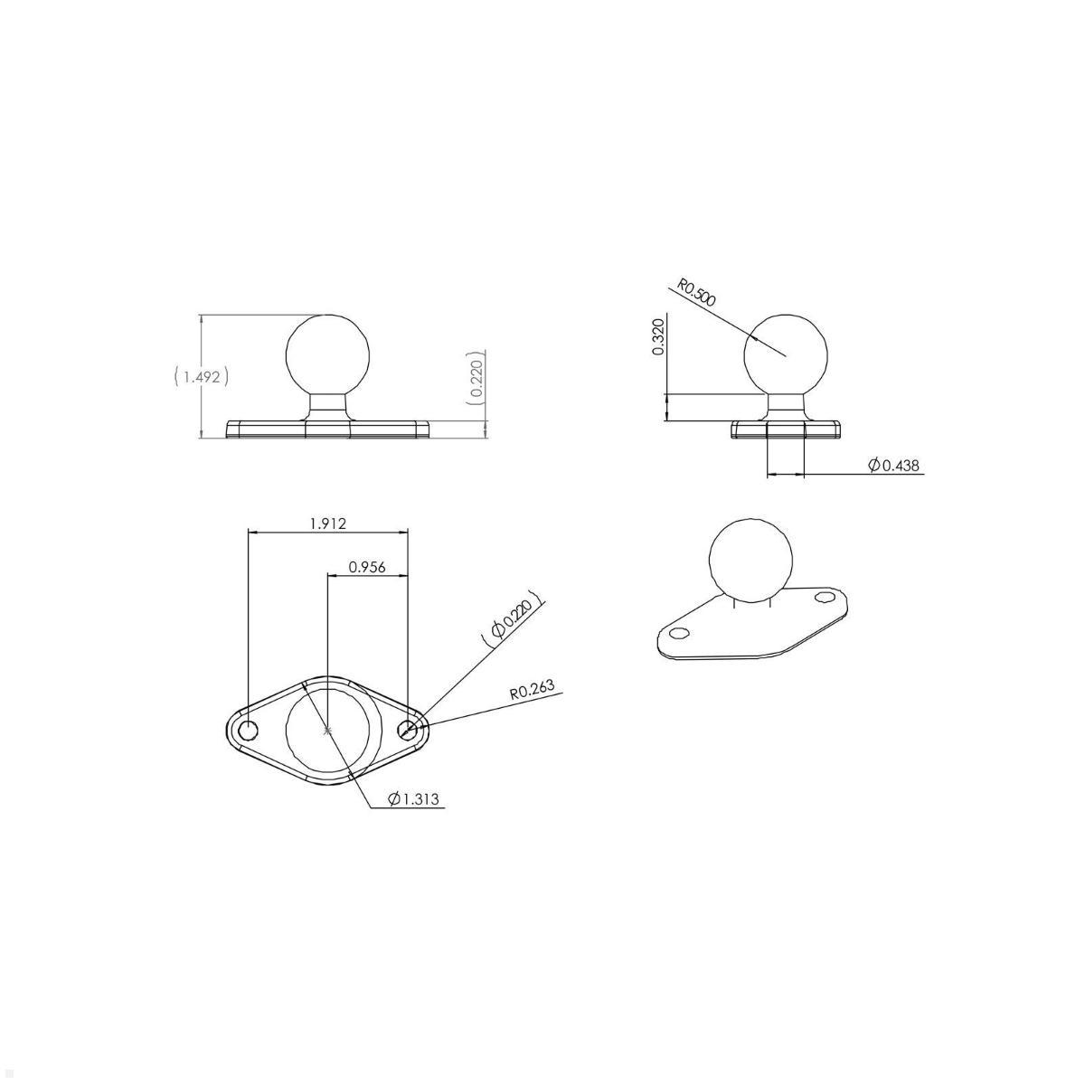 RAM Mounts Basisplatte Diamond (Trapez) mit B-Kugel 1 Zoll (RAM-B-238U), Zeichnung Maße RAM Mounts Basisplatte Diamond (Trapez) mit B-Kugel 1 Zoll (RAM-B-238U), Zeichnung Maße