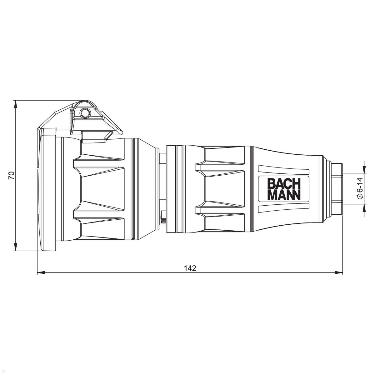 Bachmann Profi Schutzkontaktkupplung mit Klappdeckel BM0017351 Zeichnung mit Maßen
