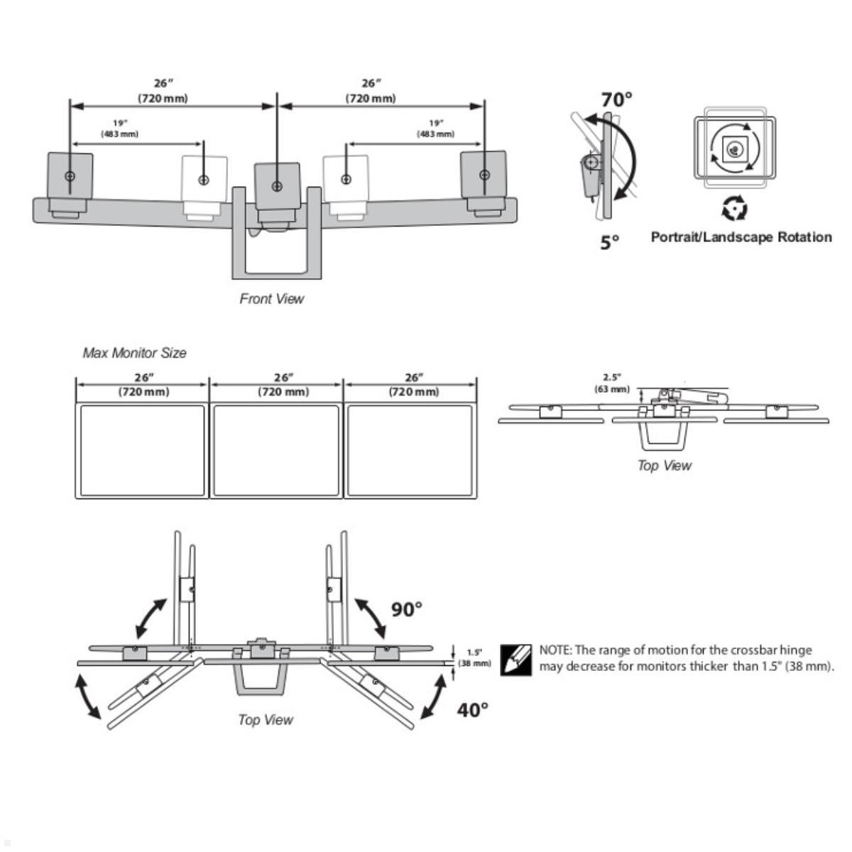 Ergotron HX Arm Monitorhalterung für 3 Monitore schwarz (45-009-003), Zeichnung