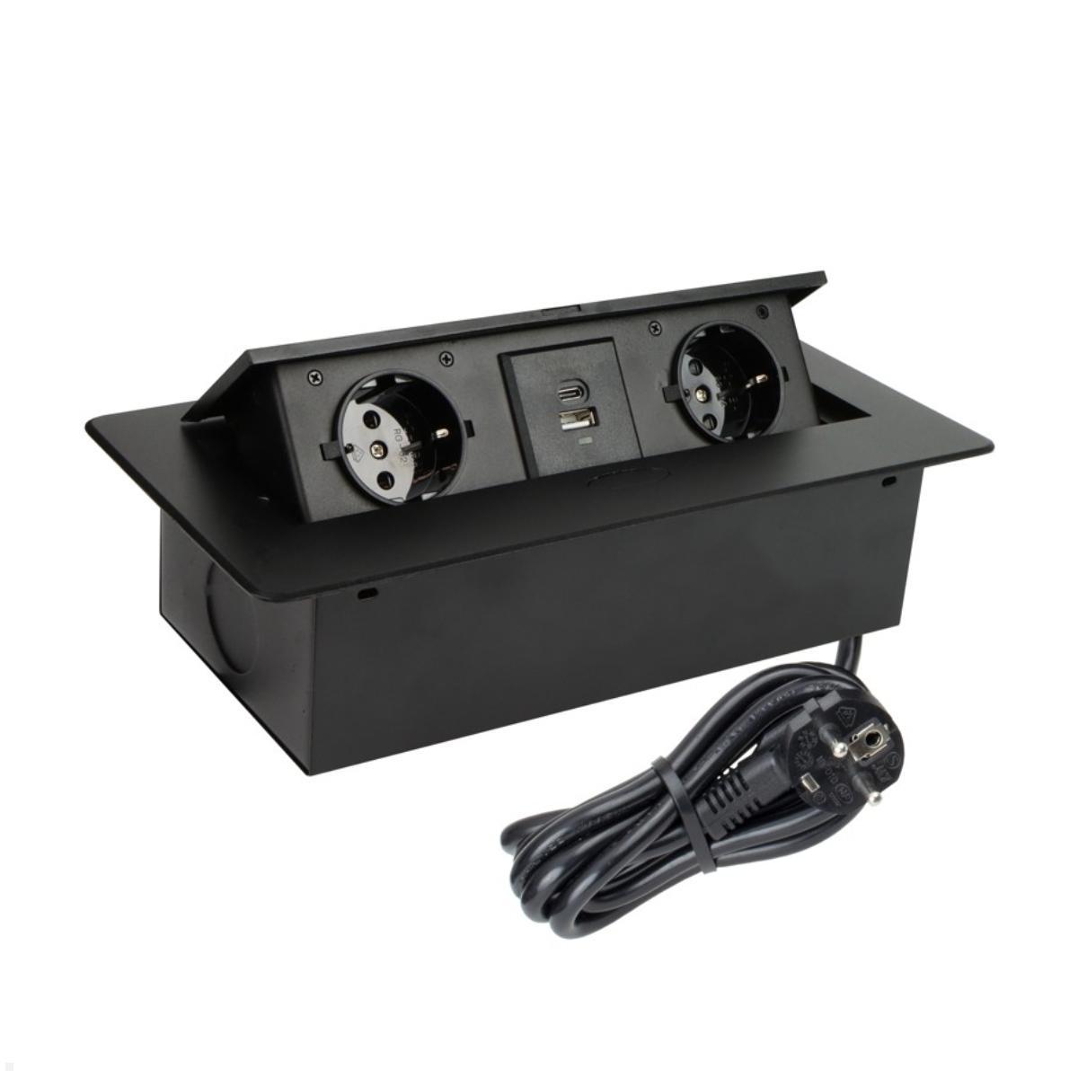TecLines TES009B 2-fach Einbausteckdose mit USB A/C Charger, 3m Kabel, schwarz TecLines TES009B 2-fach Einbausteckdose mit USB A/C Charger, 3m Kabel, schwarz