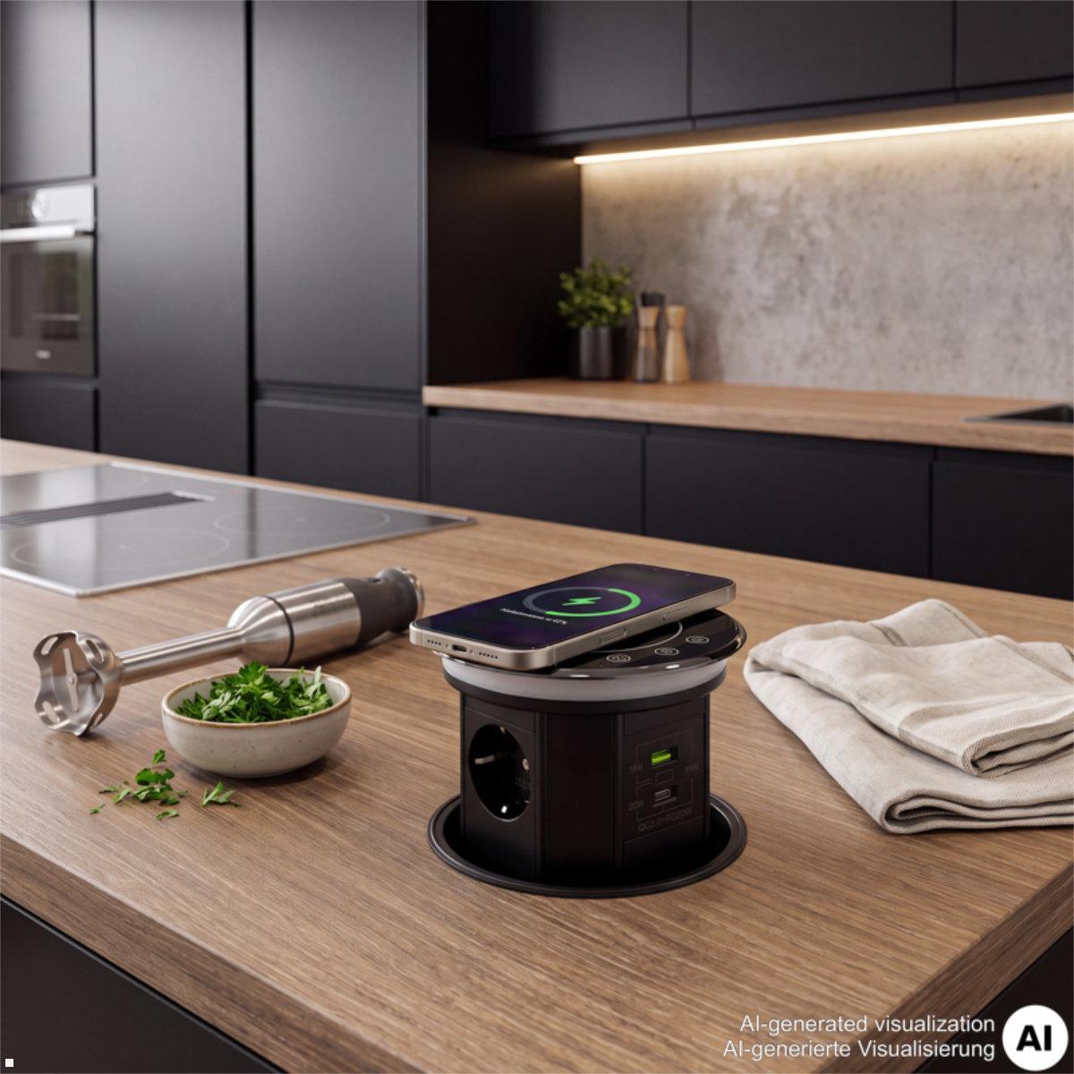 TecLines TVS012B versenkbare Steckdose mit USB A/C und Qi Charger, versenkbare Steckdosenleiste