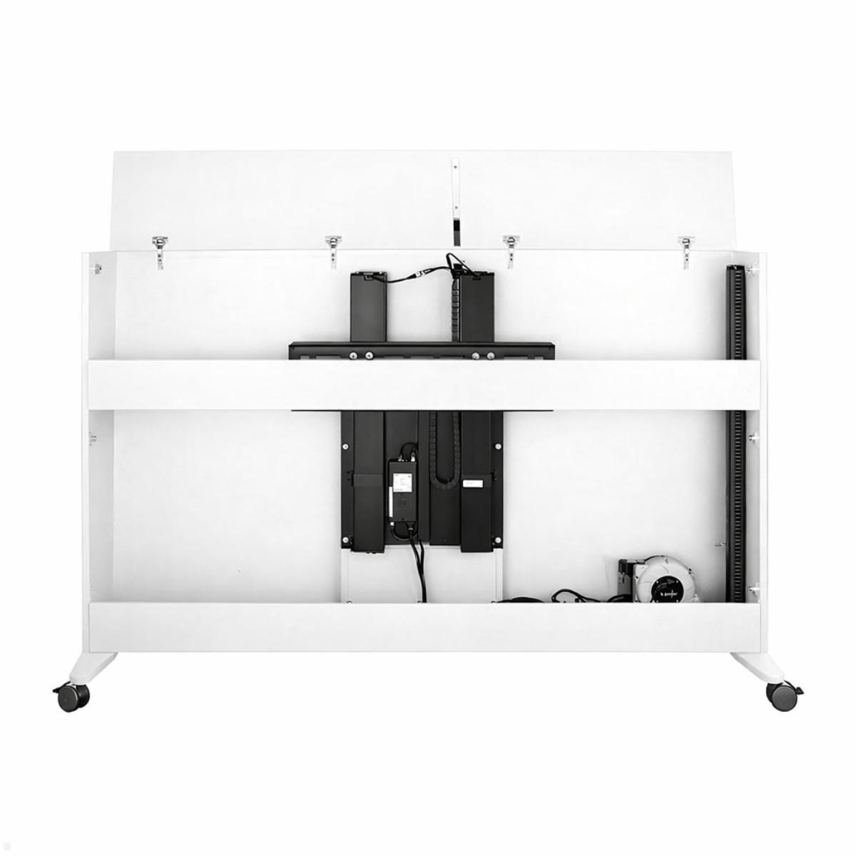 MonLines SIDEB86W mobiles Display Sideboard mit Lift bis 86 Zoll, weiß, Ansicht offen
