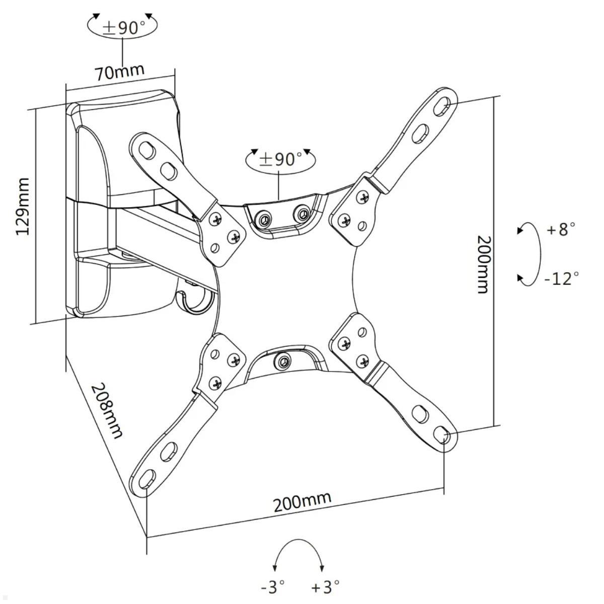 Neomounts Select NM-W115BLACK schwenkbare TV Wandhalterung bis 32 Zoll, technische Zeichnung