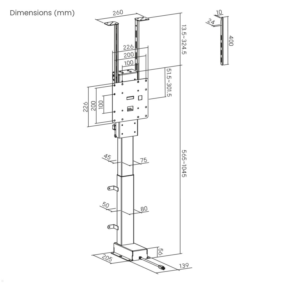 MonLines MLS035B Einbau TV Lift 17-32 Zoll, 480 mm Hub, schwarz, Maße