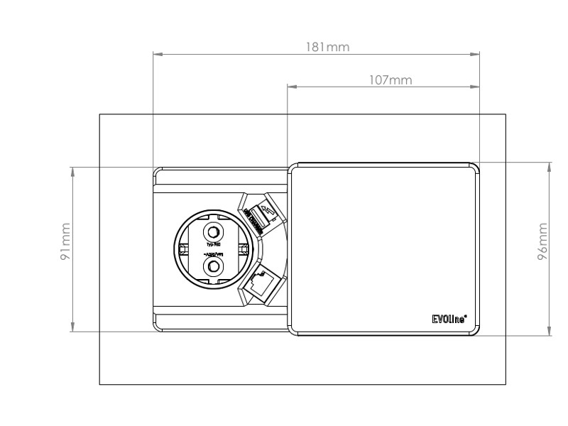 EVOline Square80 1x Schuko mit USB und CAT6 Buchse Außenmaße EVOline Square80 1x Schuko mit USB und CAT6 Buchse Außenmaße