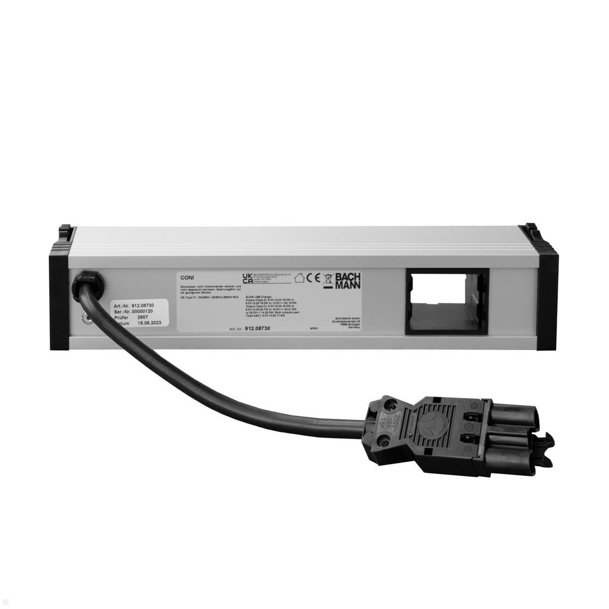 Bachmann CONI 4-fach Steckdoseneinheit 2x Steckdose 1x USB-Charger A/C 1x Custom Modul (912.08730), Rückansicht Bachmann CONI 4-fach Steckdoseneinheit 2x Steckdose 1x USB-Charger A/C 1x Custom Modul (912.08730), Rückansicht