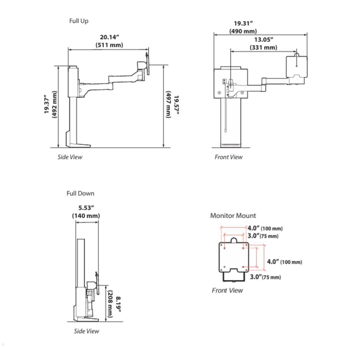Ergotron TRACE Monitorhalterung mit flacher Tischklemme Maße