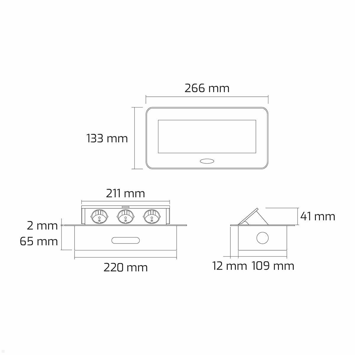 Einbausteckdose Schreibtisch 3-fach mit 3m Kabel, TecLines TES011B, Maße Einbausteckdose Schreibtisch 3-fach mit 3m Kabel, TecLines TES011B, Maße