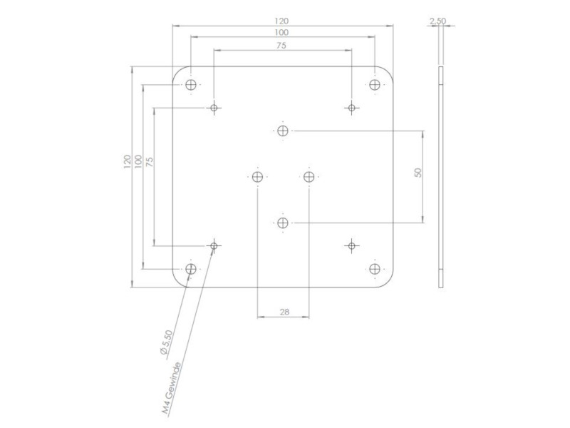 MonLines V005S VESA Adapter von 75x75 auf 100x100mm technische Zeichnung