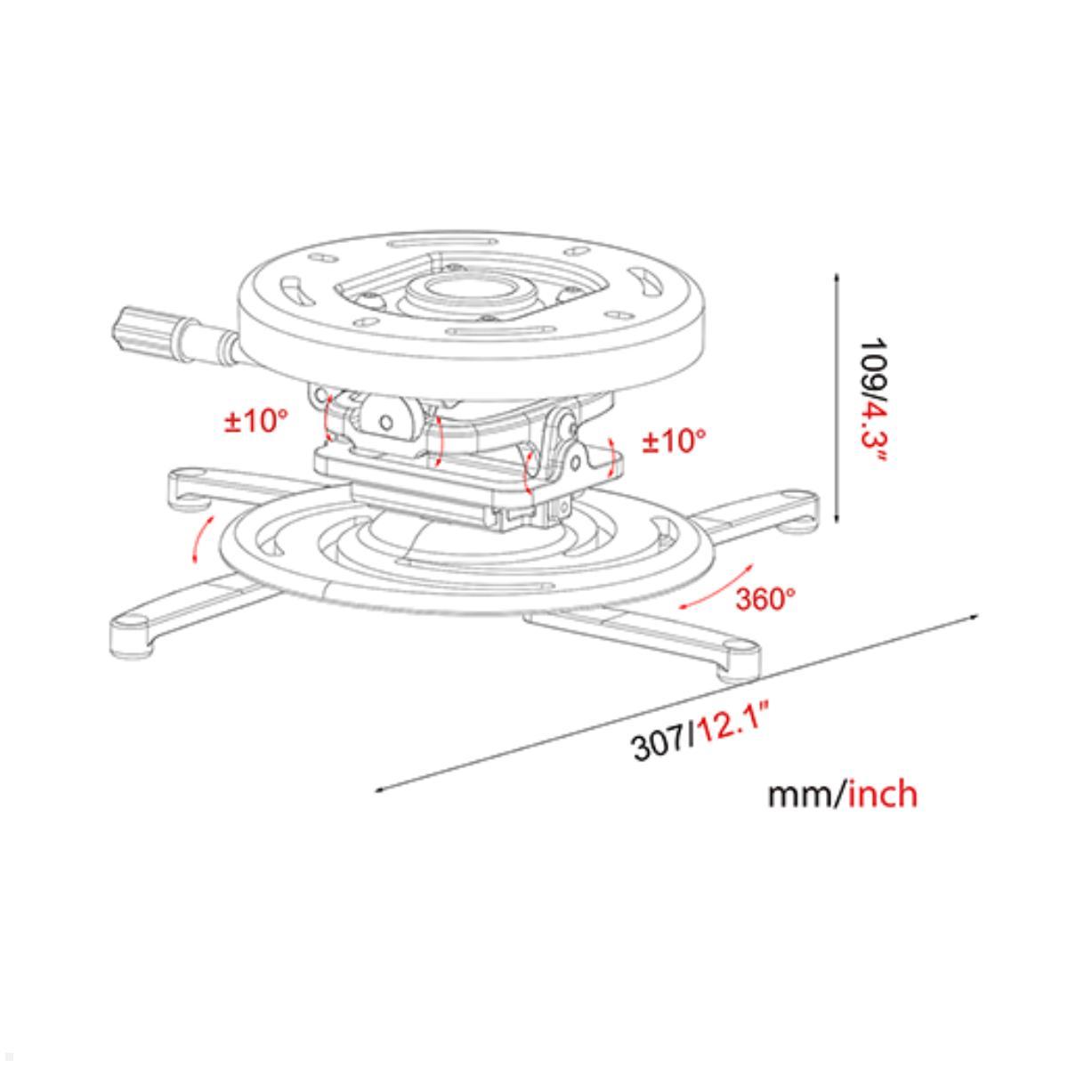 TecLines TBH004W Beamer Deckenhalterung mit Feinjustierung bis 15kg, weiß, Maße