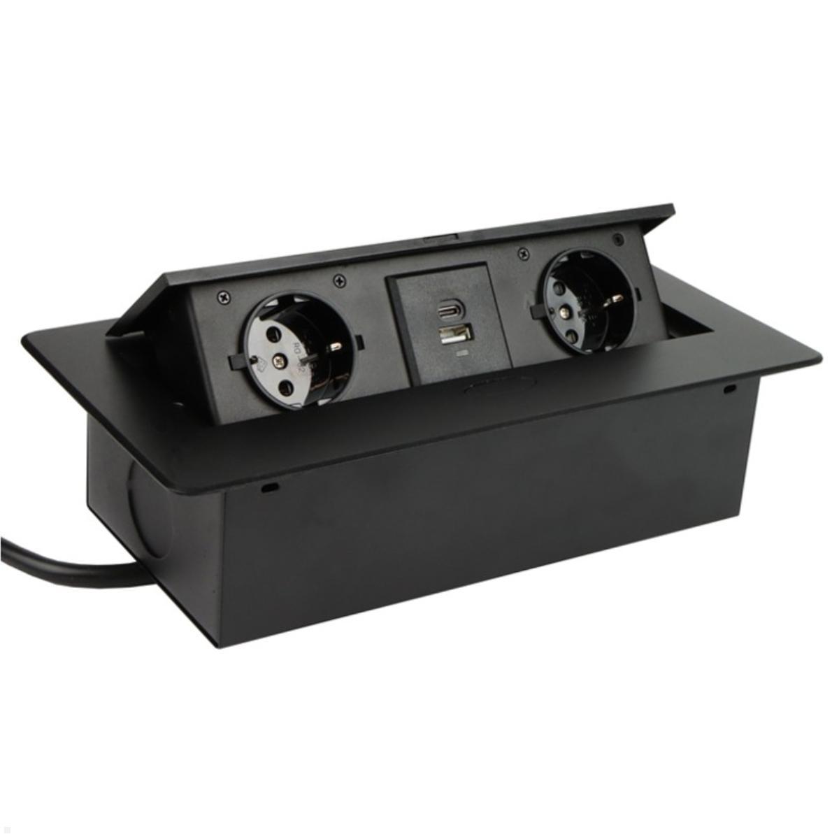TecLines TES009B 2-fach Einbausteckdose mit USB A/C Charger, 3m Kabel, schwarz klappbar TecLines TES009B 2-fach Einbausteckdose mit USB A/C Charger, 3m Kabel, schwarz klappbar