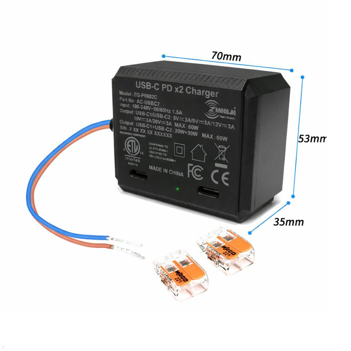 TecLines TNT006 Wandeinbau dual USB-C Tablet Unterputz Netzteil 60W Leistung, Maße