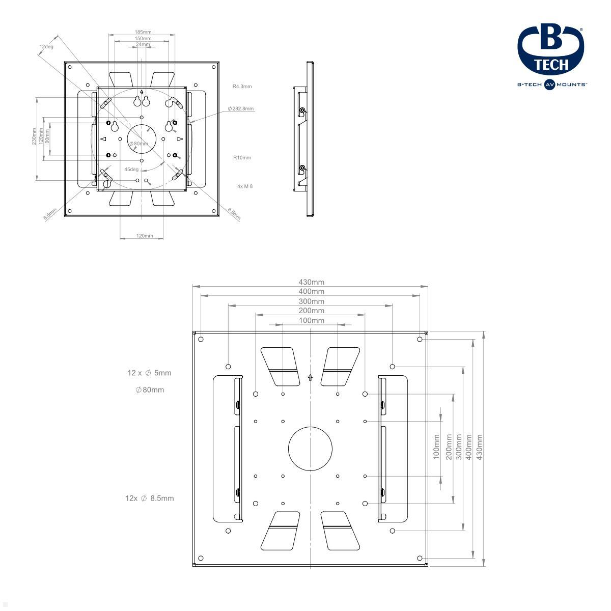 B-Tech BT7555/B Monitorhalterung parallel zur Decke bis 65Zoll 50kg, schwarz technische Zeichnung