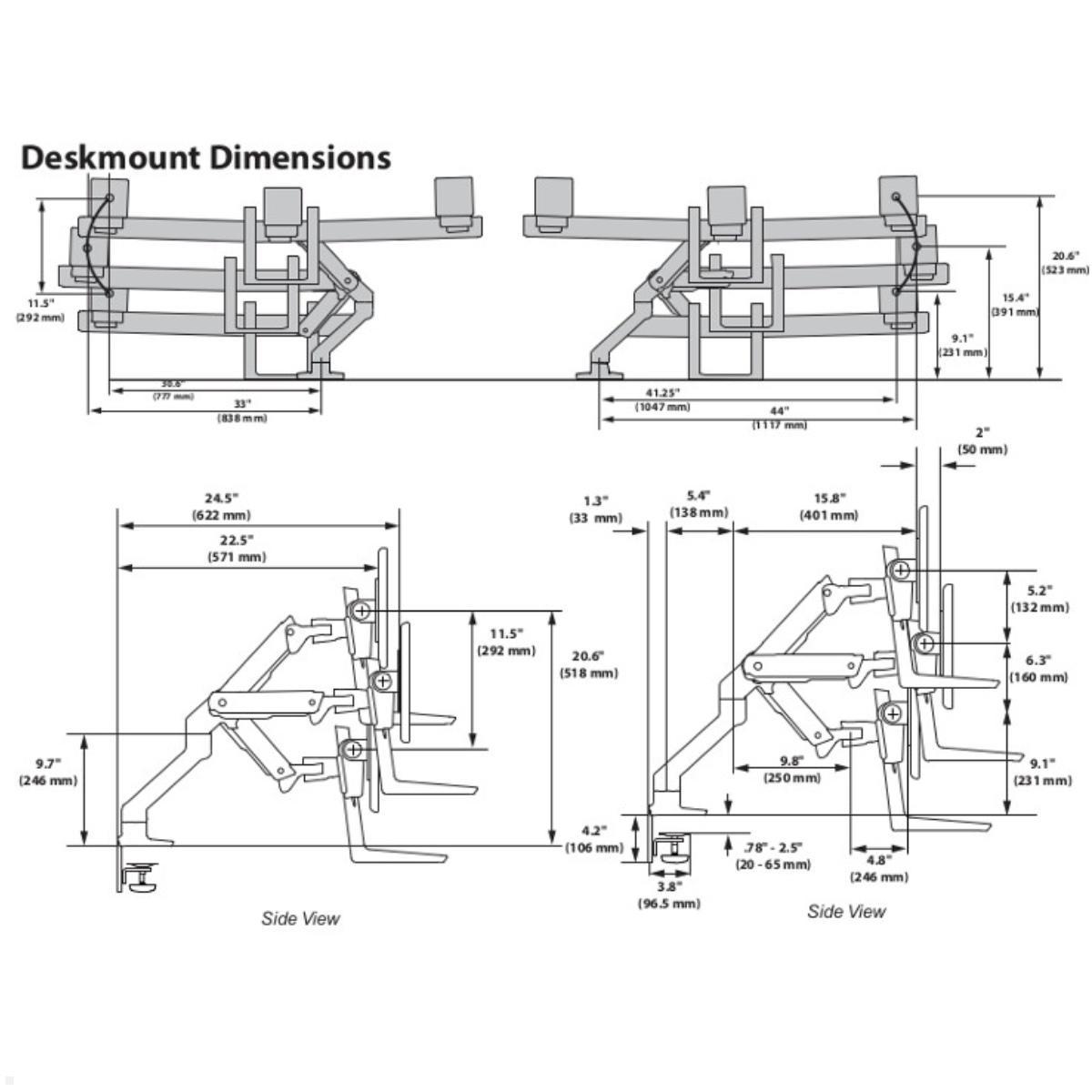 Ergotron HX Arm Monitorhalterung für 3 Monitore schwarz (45-009-003), Maße Arm