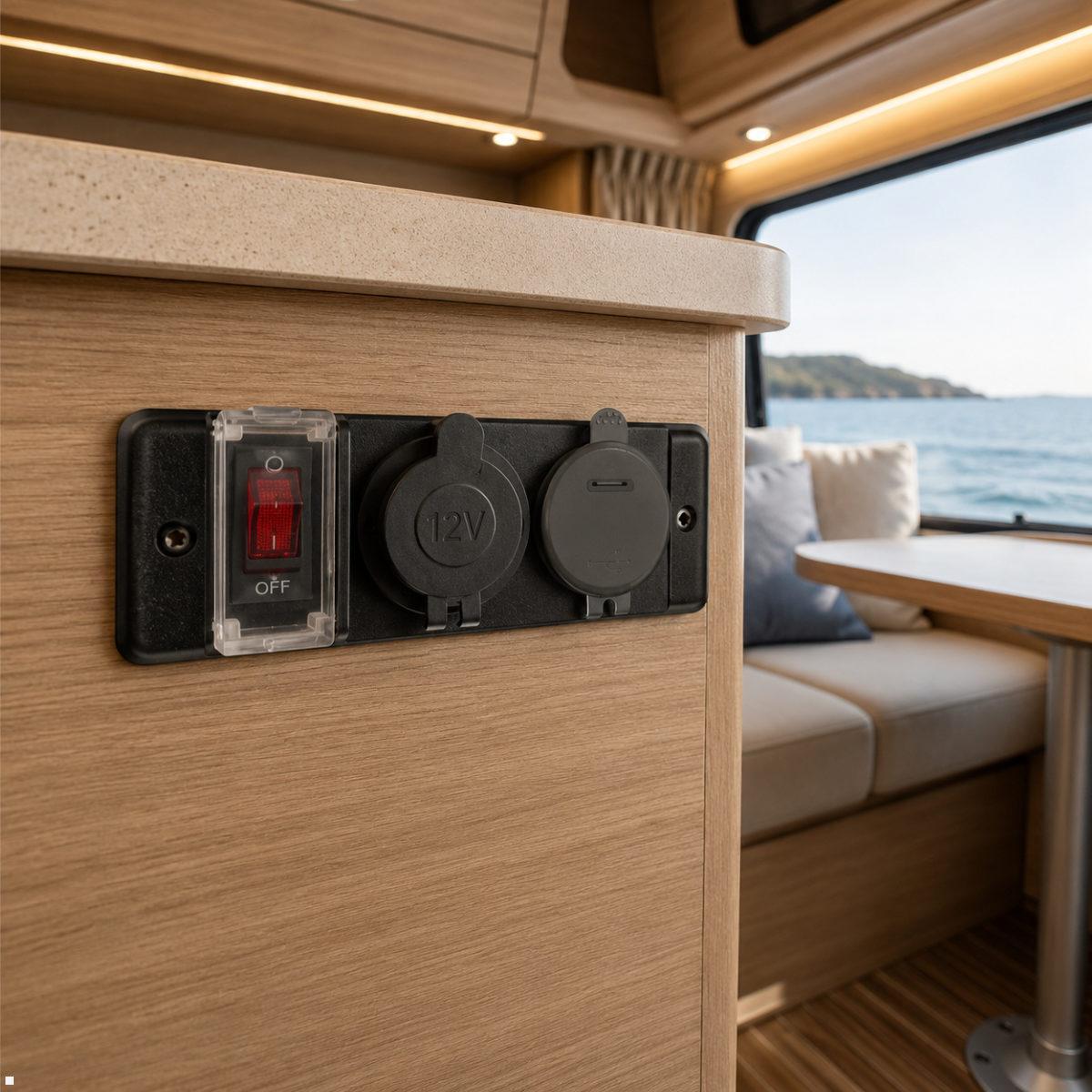 Comount Switch Panel mit USB-A/C Einbaucharger, LED, offene Kabelenden, LED-Bordspannungsanzeige