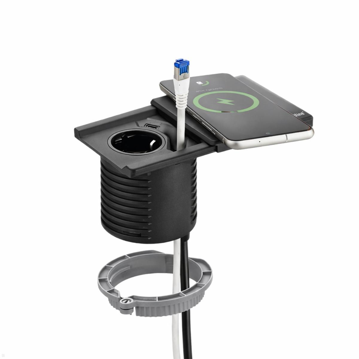 EVOline Square80 Einbausteckdose mit USB-C, CAT6 Patchkabel, Edelstahl, Einzelteile