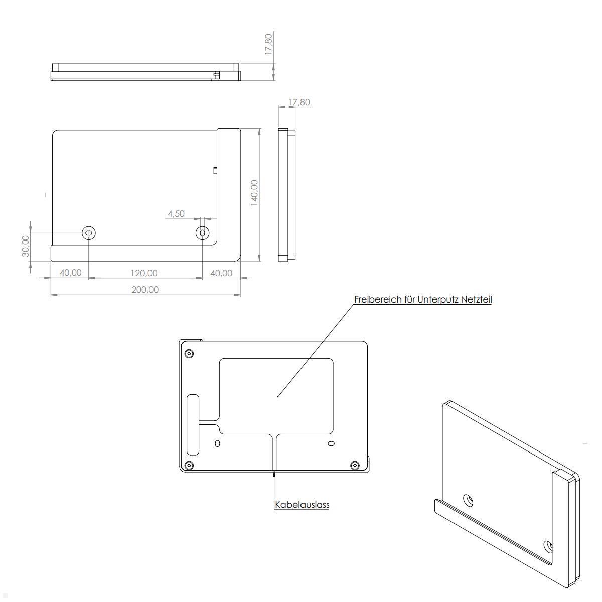 TabLines TWP017B Wandhalterung für Apple iPad 9.7 (5./6. Gen.), schwarz, Zeichnung Maße mit Tablet TabLines TWP017B Wandhalterung für Apple iPad 9.7 (5./6. Gen.), schwarz, Zeichnung Maße mit Tablet