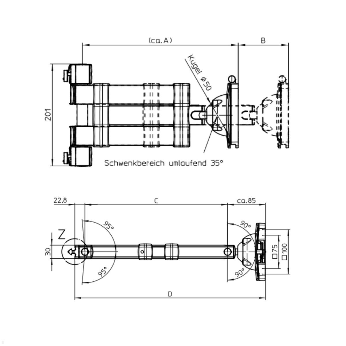 Novus TFC Monitorhalter Teleskoparm 327-426 mm Zeichnung