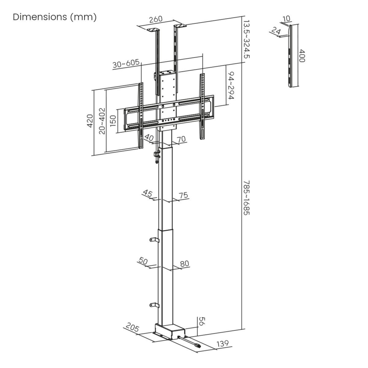 MonLines MLS037B Einbau TV Lift 37-65 Zoll, 900 mm Hub, schwarz, Maße