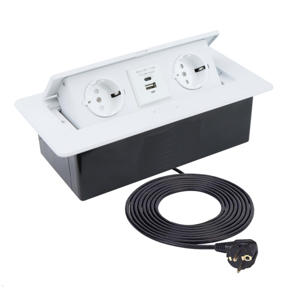 TecLines TES010W 2-fach Einbausteckdose mit USB A/C, 1,5m Kabel, weiß TecLines TES010W 2-fach Einbausteckdose mit USB A/C, 1,5m Kabel, weiß