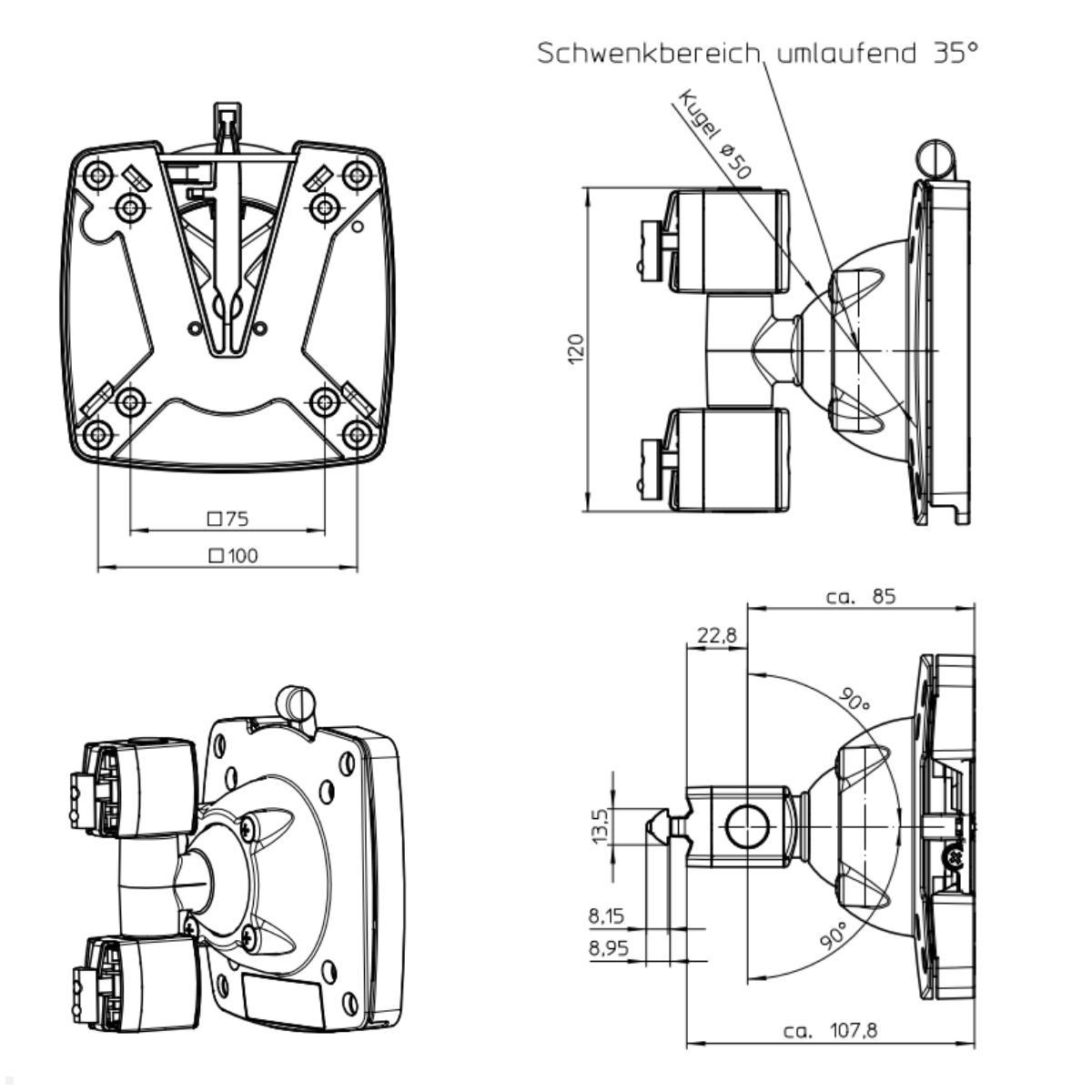 Novus TFC Tragschlitten Monitorhalter mit Quick Release Zeichnung mit Maßen