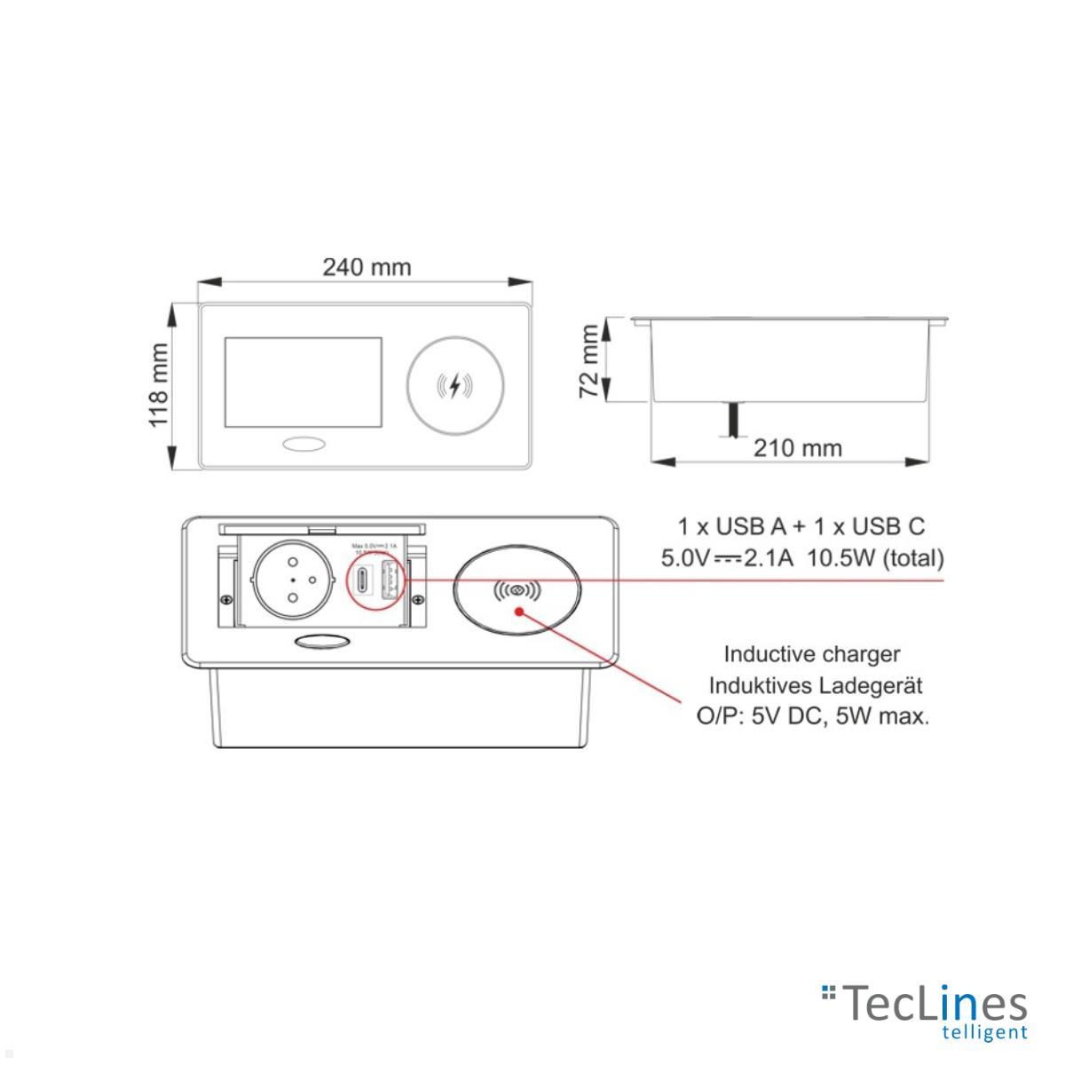 TecLines TES015B Einbau Steckdose mit USB A/C Charger, Qi, schwarz Zeichnung TecLines TES015B Einbau Steckdose mit USB A/C Charger, Qi, schwarz Zeichnung