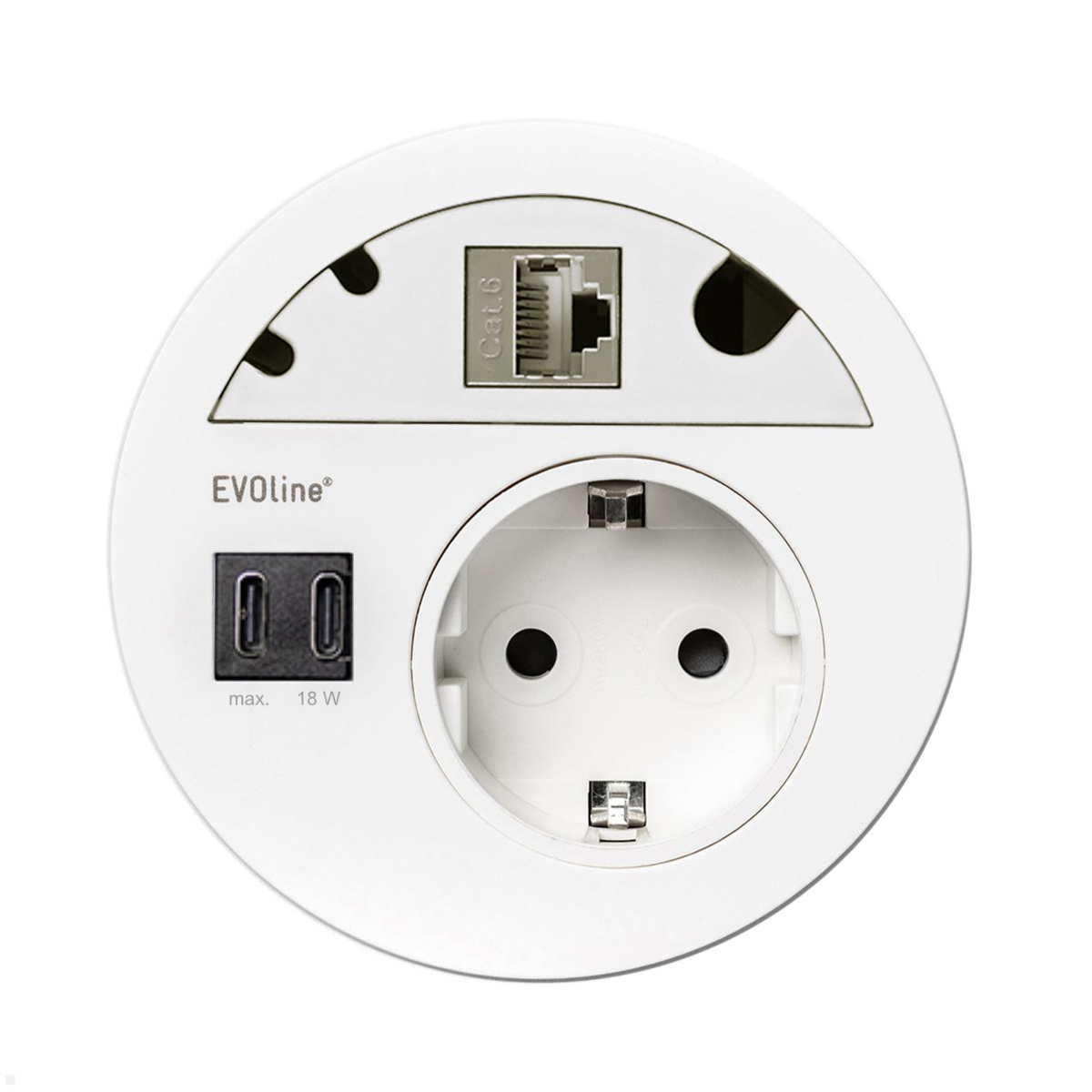 EVOline Circle80 Einbausteckdose mit USB-Charger C/C mit CAT6a, weiß