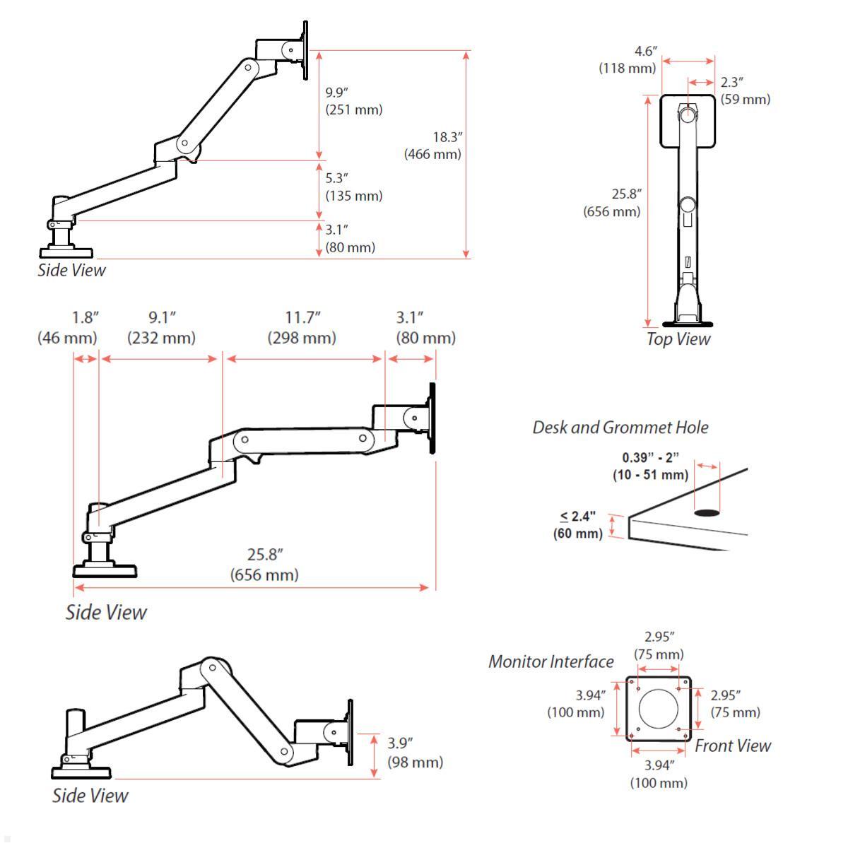 Ergotron LX Pro Monitorhalterung mit Durchschraubbefestigung (45-708-293), grau, Maße