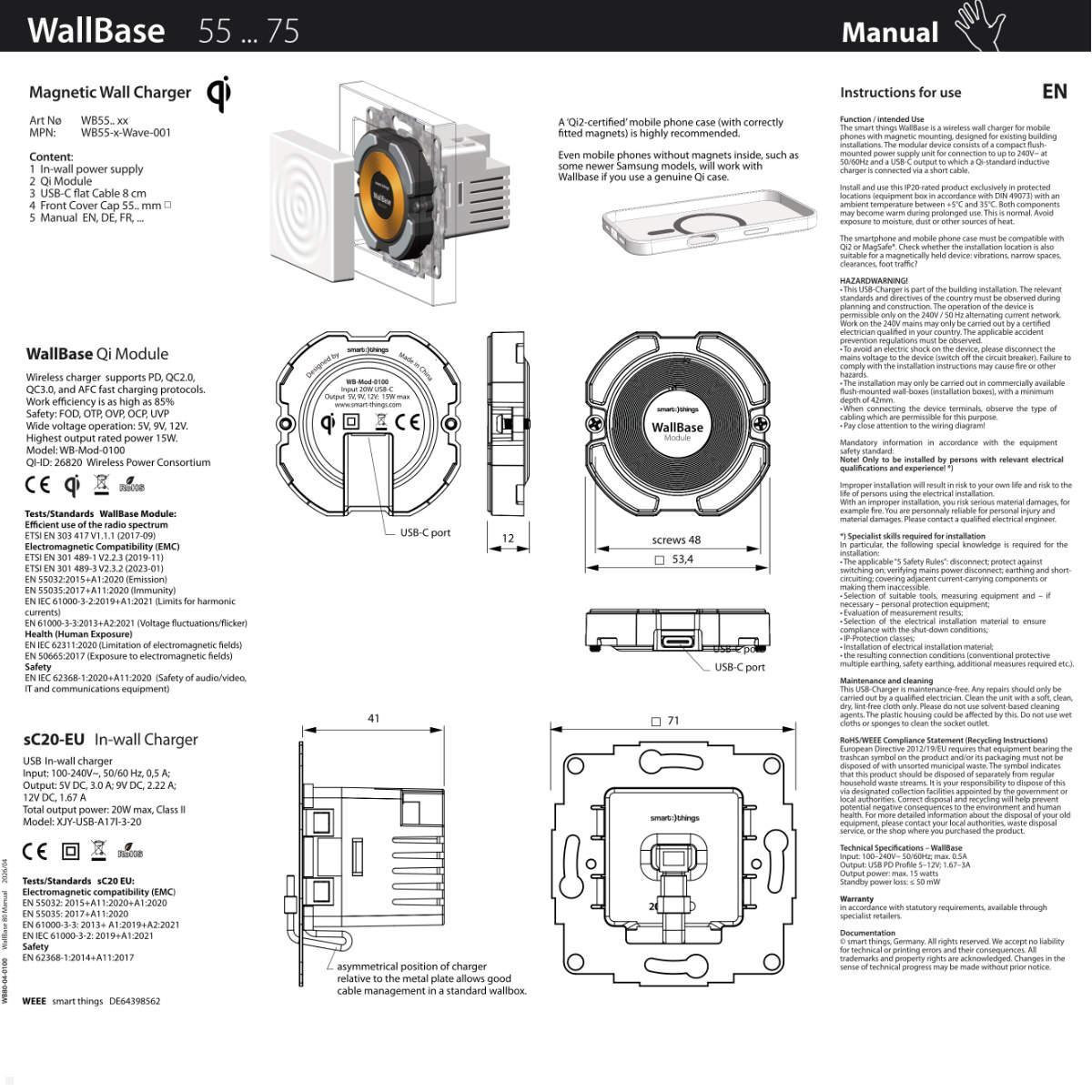 smart things WallBase 55 Wave magnetischer Qi Charger Unterputz (WB55 w), weiß, 55mm Einsatz Schalterdose