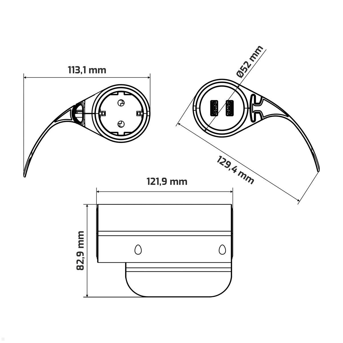 TecLines TSS001G Sofa Steckdose mit 2x USB-A Charger - Maße
