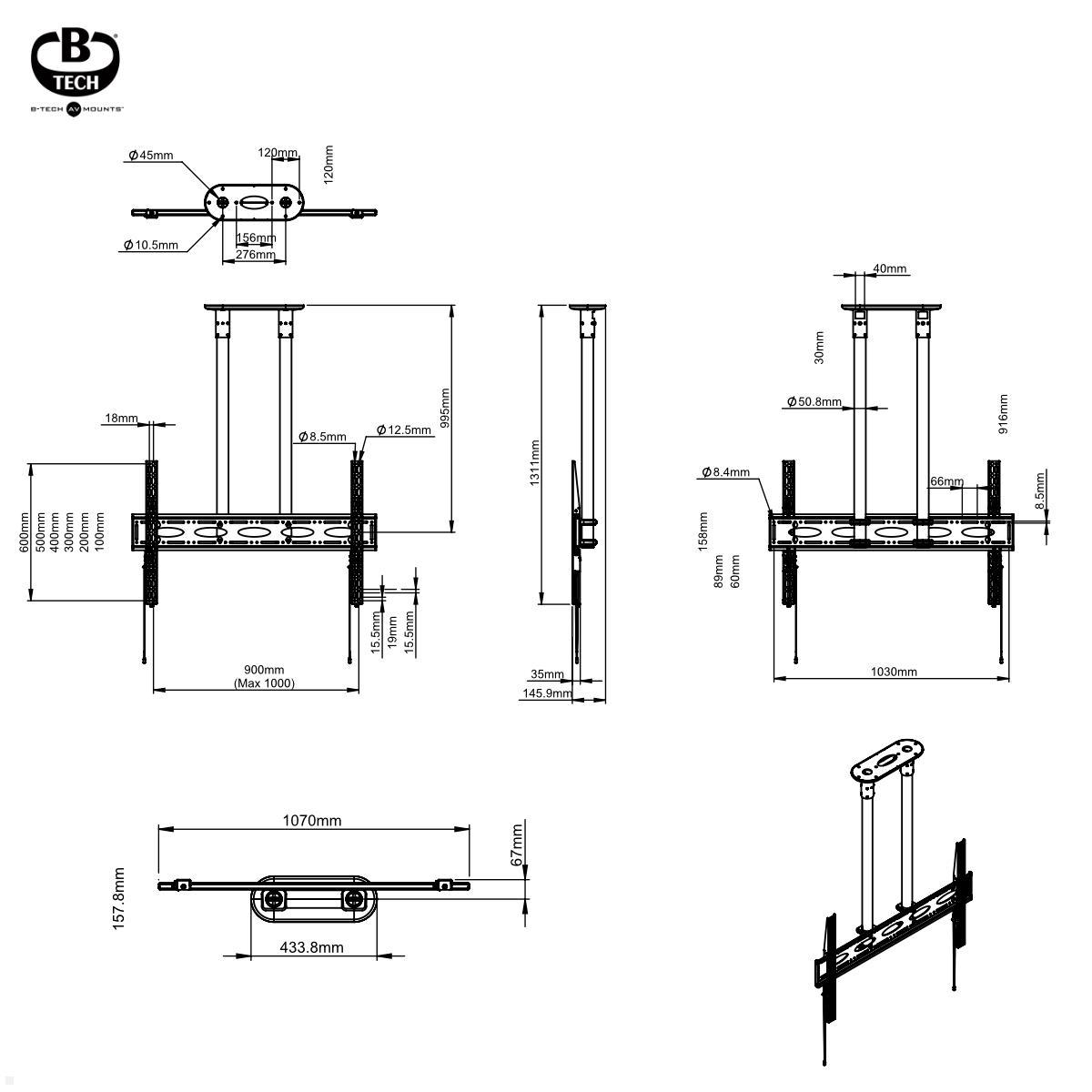 B-Tech BT8448-100/BB TV Deckenhalter für schwere Monitore bis 120 Zoll, Säulenlänge 1m technische Zeichnung B-Tech BT8448-100/BB TV Deckenhalter für schwere Monitore bis 120 Zoll, Säulenlänge 1m technische Zeichnung