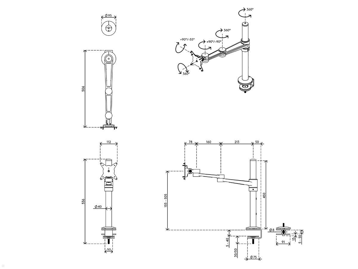 Dataflex Viewlite Monitorhalterung Tisch mit Schwenkarm (58.120), weiß, technische Zeichnung Dataflex Viewlite Monitorhalterung Tisch mit Schwenkarm (58.120), weiß, technische Zeichnung